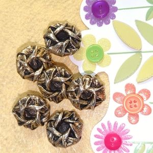 Six Vintage Cast Metal Gold & Black Buttons with Folds